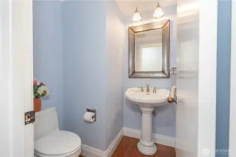 The guest bathroom situated by stairs to the second level.