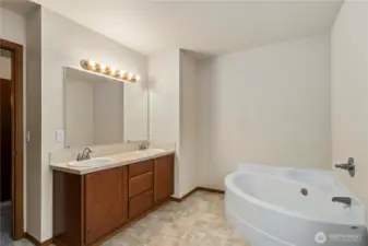 Primary bathroom with a 5-piece layout, including a soaking tub and dual sinks.