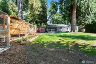 Looking back at the house from the dog run.  There is a nice storage building to the left, red, for that extra needed storage for lawn equipment