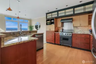 Rugged bamboo floors and Asian inspired cabinetry design.