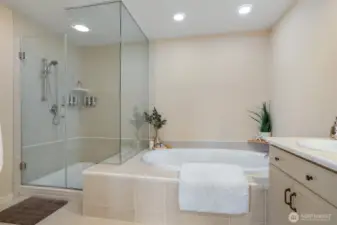 Primary bathroom also has a separate walk-in shower enclosure.