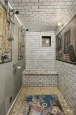 Incredible steam triple shower with intricate, artistic tile work