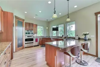 Kitchen view showing included stainless steel appliances, walk-in pantry, tons of counter space with solid granite, large windows and probably my favorite is the custom cabinetry with all the DRAWERS.