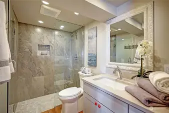 Guest bath with tile & stone.