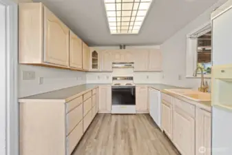 A spacious, U-shaped kitchen with abundant cabinet storage, generous counter space, and a window over the sink that brings in natural light.