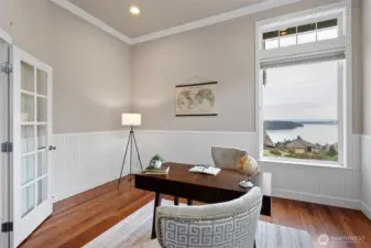 The office is also just off the main foyer.  It might be difficult getting work done with such a fantastic view of Puget Sound and Mt Rainier.