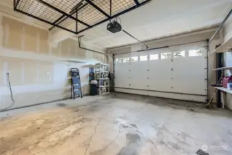 Two car garage with extra shelving