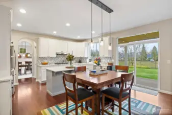 Informal eating area looking toward kitchen, back yard.