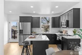 kitchen with door to deck for easy outdoor dining