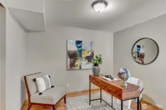 Main level bedroom staged as an office
