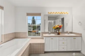 Photo of double vanity and Bath in primary BA