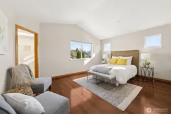 Primary suite with vaulted ceilings.