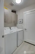 Laundry room with storage leads to 2 car garage