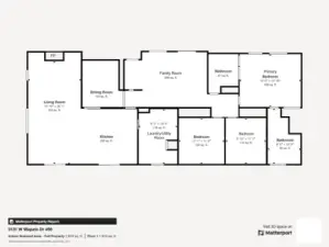 1,872 sq ft, 3 bedroom, 2 bath home.  (Correction: there is no wall between the kitchen and main living room.)