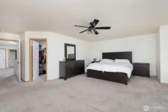 The spacious primary suite features soft carpet, and plenty of natural light—creating a relaxing retreat at the end of the day.