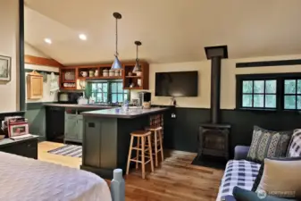 Kitchen area with a cooktop & dishwasher. Cozy up to the propane stove.  Such a well designed space!