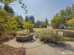Charming brick fire pit creates a perfect gathering spot for roasting marshmallows and relaxing under the stars.
