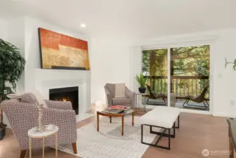 Wood burning fireplace with modern tile.
