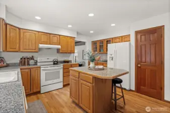 Large kitchen with island.