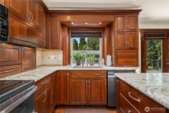 Kitchen overlooking backyard