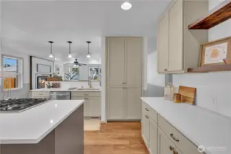 New pantry cabinets and extra large island with gas cooktop and new quartz