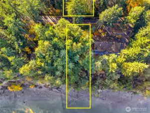 Overhead view outlining both parcels included in the sale — the waterfront lot and the upland lot across the road — totaling just over 3 acres.