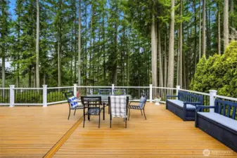 Expansive 1,400 sq ft Trex deck spanning the length of the home, perfect for entertaining, relaxing, and enjoying sunset lake views in Maple Valley.