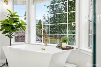 Relaxing soaking tub positioned beside oversized windows offering private wooded and territorial views—bringing spa-like comfort to this Lake Forest Estates property.