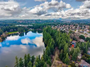 Panoramic aerial capturing Lake Wilderness, nearby parks, and Maple Valley landscape—highlighting why this is one of the most desirable communities in the Tahoma School District.