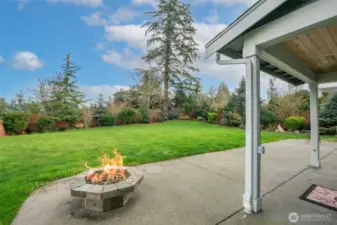 installed gas fireplace and covered outdoor patio just off kitchen