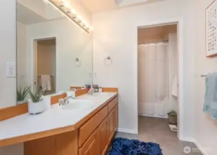 Hall bathroom perfectly appointed with double sinks and separation.