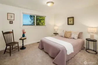 Lower level bedroom with fresh paint and carpet. Window on the south.