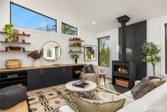 The built-in cabinetry features a countertop milled from a maple tree on the property.