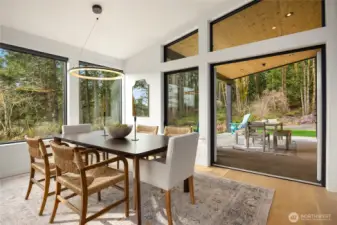 French doors from the dining room lead out to the covered patio.