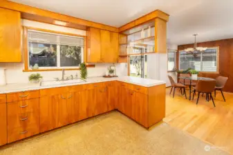 Cool open glass cabinet above the bar area.