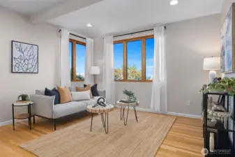 Spacious living room; lots of light on this level as well