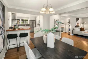 The main floor layout features a circular floorplan - living room, dining room, kitchen, study, and doors to both front and back yards.