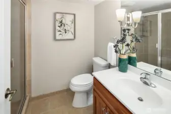 The 3/4 bath on the lower level has a generous walk-in shower.