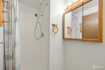 The primary bath has an oversized shower.