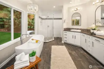 Remodeled bathroom with heated tile floors.