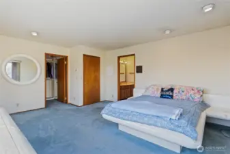 Large primary bedroom with original blue carpet