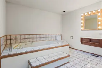 Giant jacuzzi tub with ceramic tile surround.