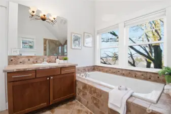 A large jetted tub—perfect for sinking in and soaking away the day.