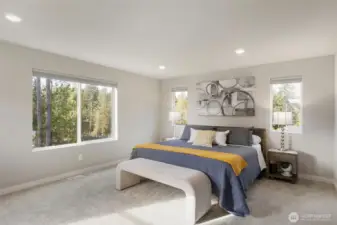 Spacious Primary suite with great natural light and facing the private greenbelt.