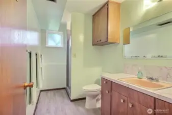 The lower level bathroom features a walk-in shower