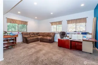Lower level family room is light and spacious for playroom, gaming room, theater room, craft room or all of the above. Does not have direct access to backyard or garage.