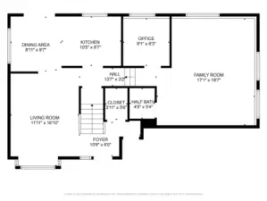 Main floor plan showing half bath off of the lower (by 3 steps) level family room.