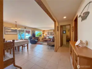 Open concept living.  Ceramic tile.