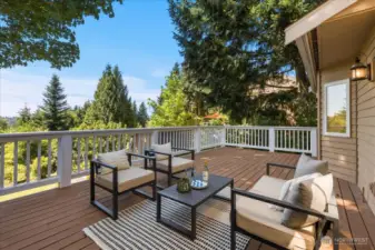 A large Trex-style deck extends from the kitchen and great room, offering plenty of space to entertain while enjoying expansive mountain views overlooking the gardens and yard.