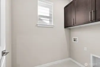 Upstairs laundry with built in cabinets